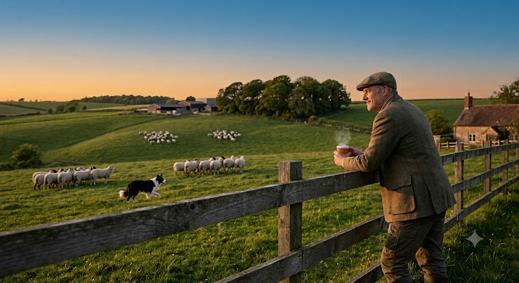 A sheepdog herds sheep in a field while a farmer watches from a fence at sunset.