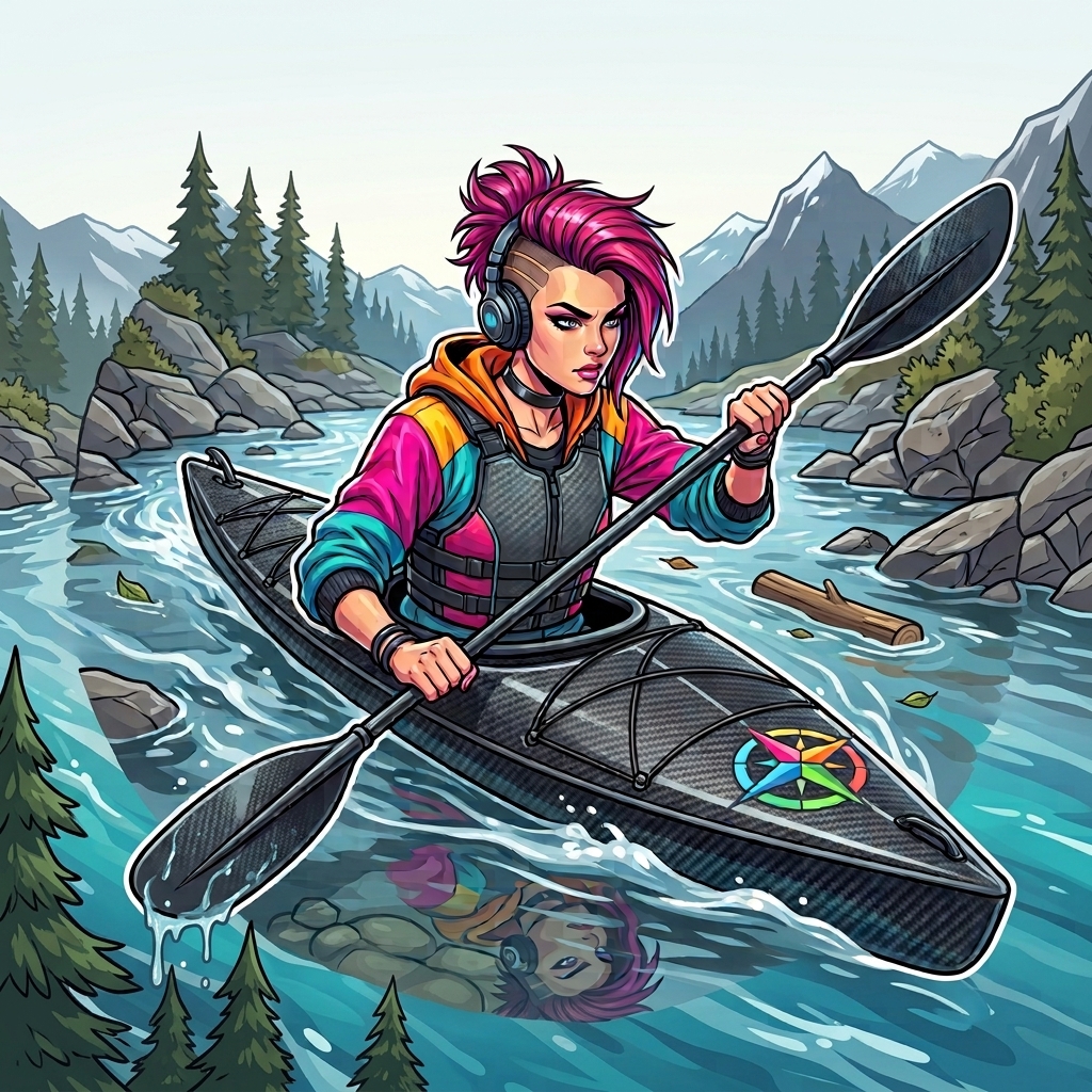 A kayaker paddles downstream through a mountain river.